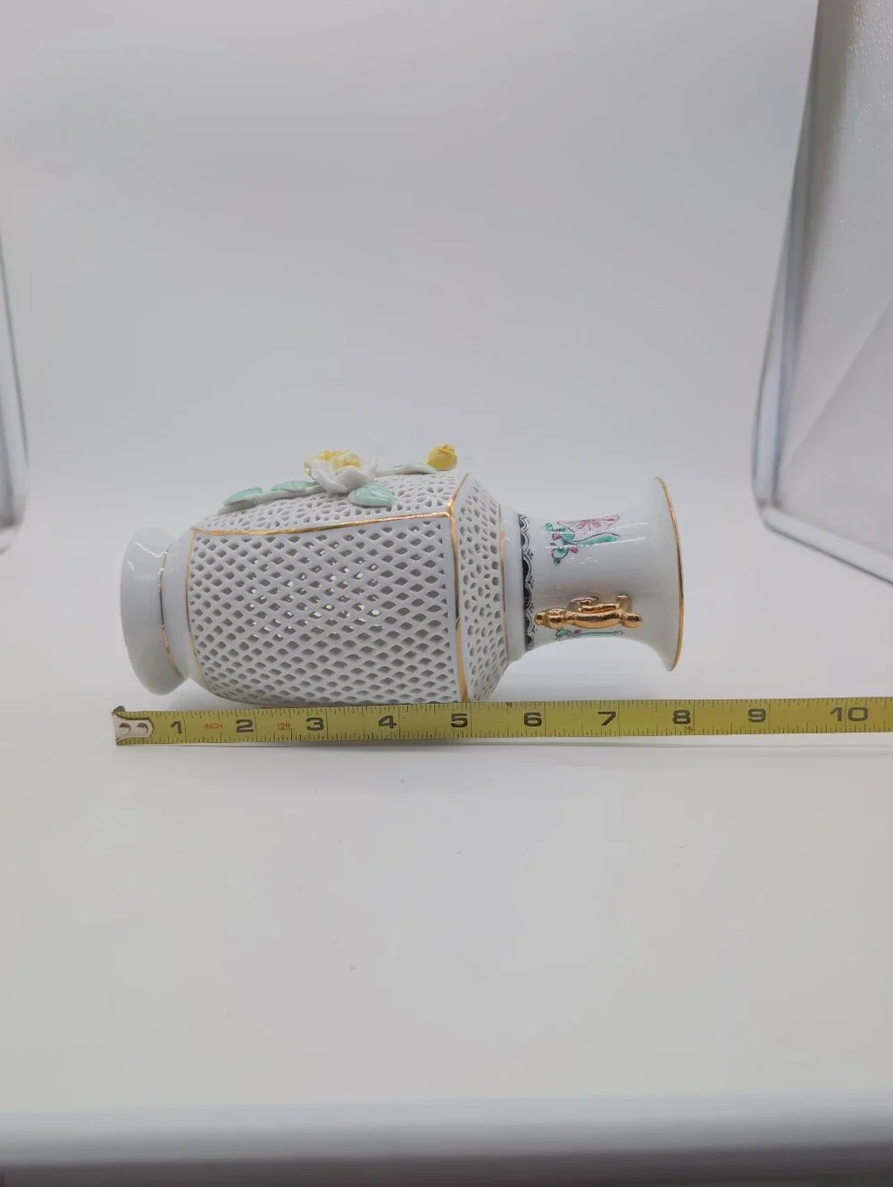 Vintage Chinese White Porcelain Floral Lattice Vase with Gold Handles 8x4 Inches